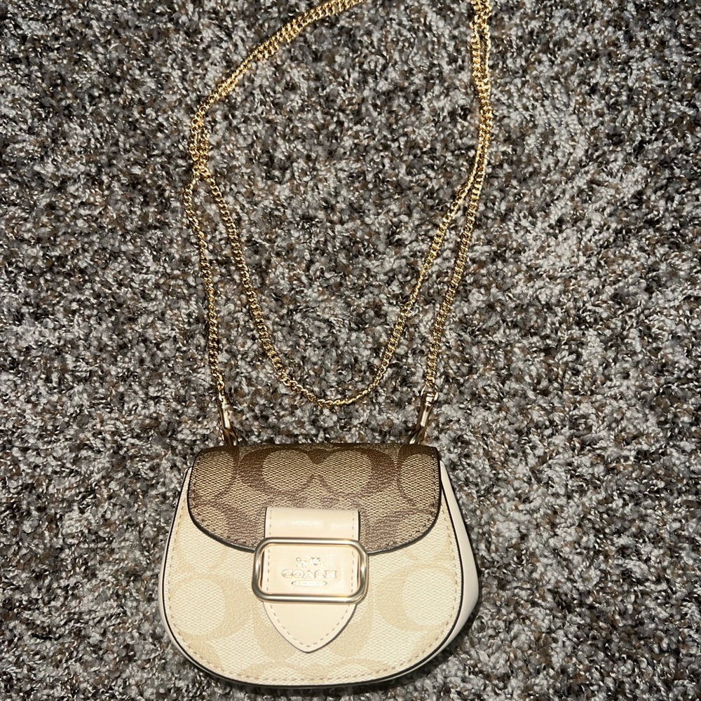 Coach Tan and Cream Mini Bag with Gold Chain